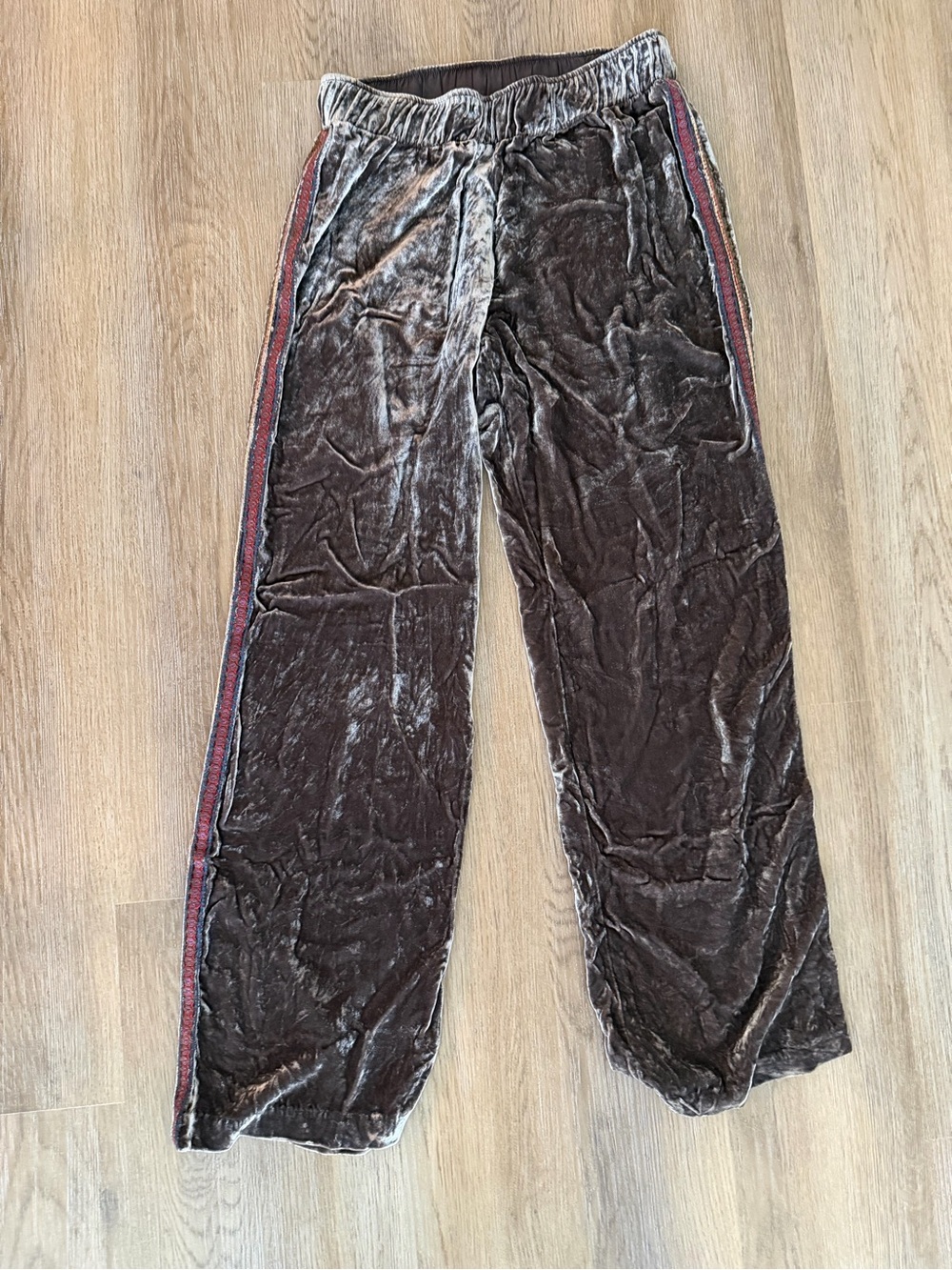 Johnny Was Brown Velvet Wide Leg Pants with Red Side Stripe